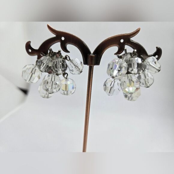 Vintage AB Crystal Cha Cha Clip-on Earrings Silver tone - Picture 2 of 6